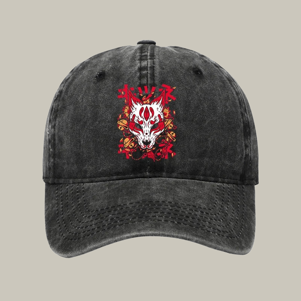 Japanese Kitsune Mask Washed Cap Aesthetic Baseball Caps Christmas Gifts For Girlfriend