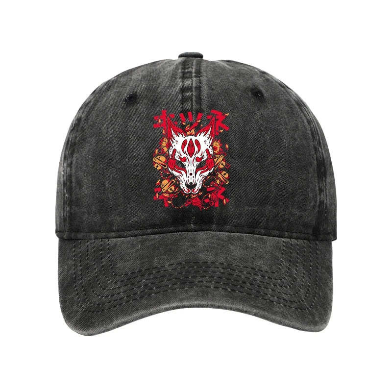 Japanese Kitsune Mask Washed Hat Mythology Pattern Unique Hat Gifts For Kitsune Lovers