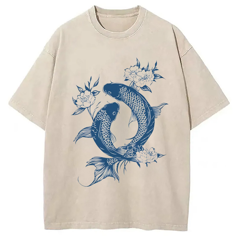 Japanese Koi Fish Washed T-Shirt Casual Oversized Outfit Style Gifts For Sister
