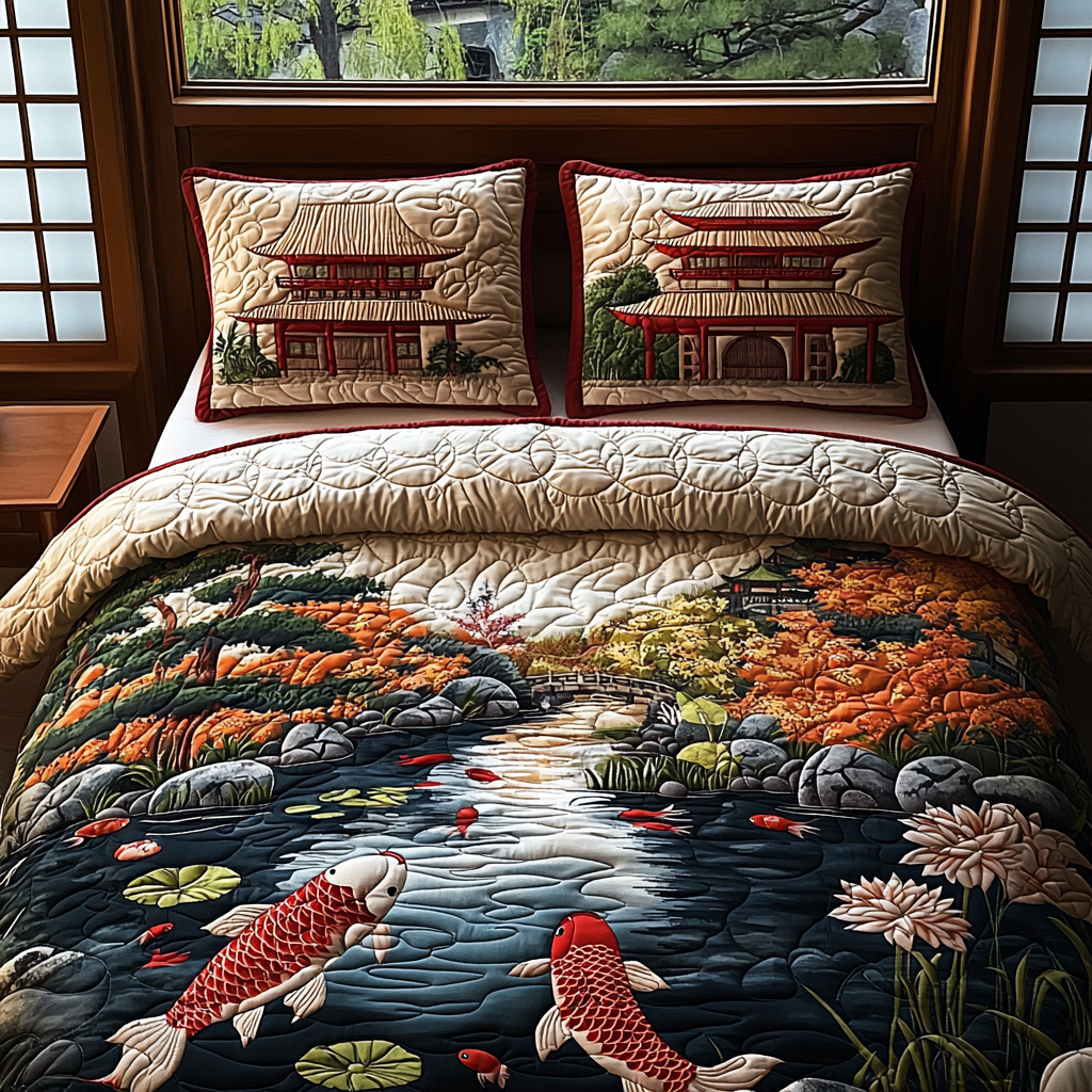 Japanese Koi Garden Quilted Bedding Set Bed Decorations Koi Fish Merchandise Items
