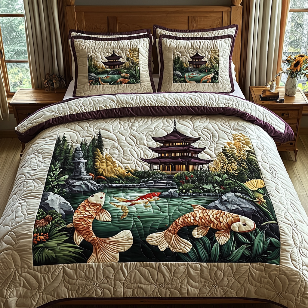 Japanese Koi Heritage Charm Quilted Bedding Set Bed Room Decoration Koi Fish Gifts For Him