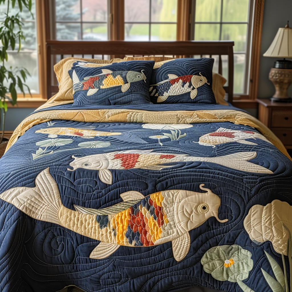 Japanese Koi Heritage Quilted Bedding Set Bed Decorations Gifts For Koi Lovers