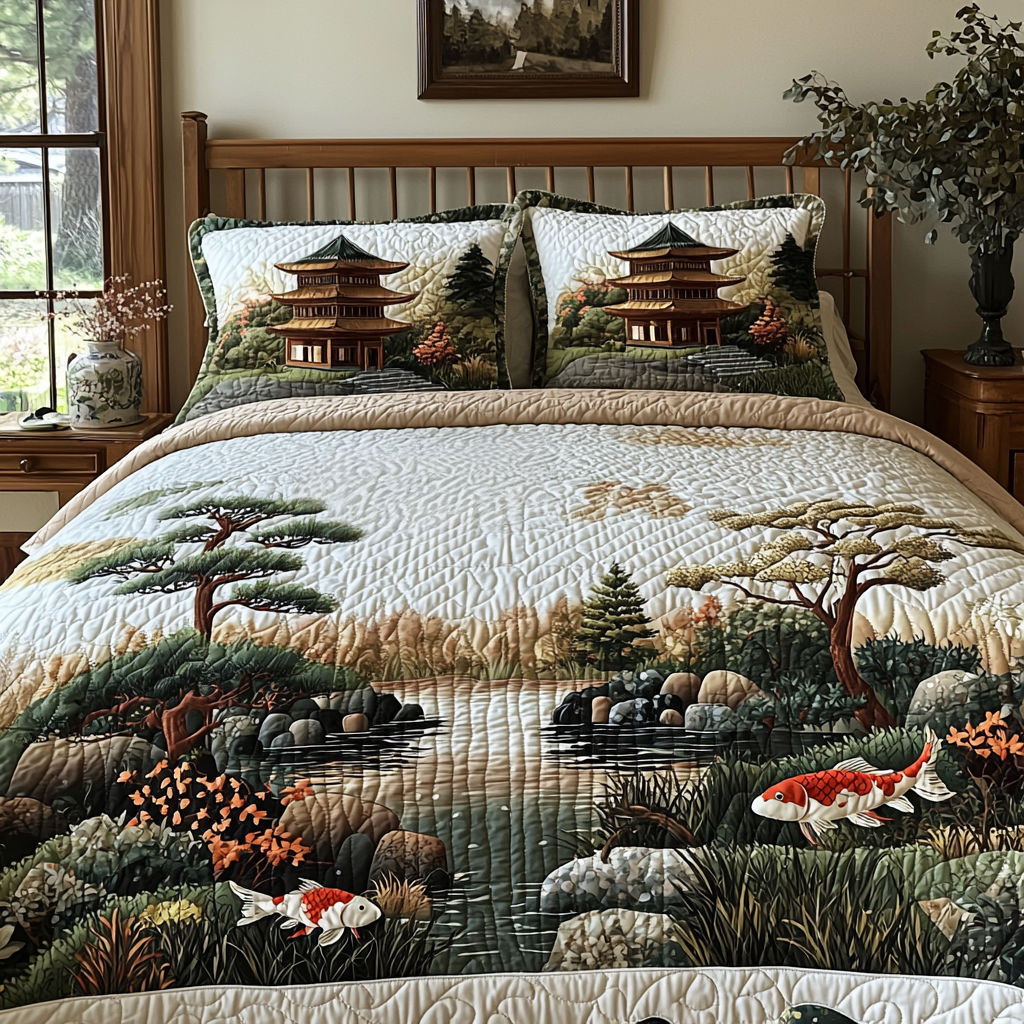 Japanese Koi in Garden Scene Quilted Bedding Set Bedroom Decor Gift For Koi Fish Lovers
