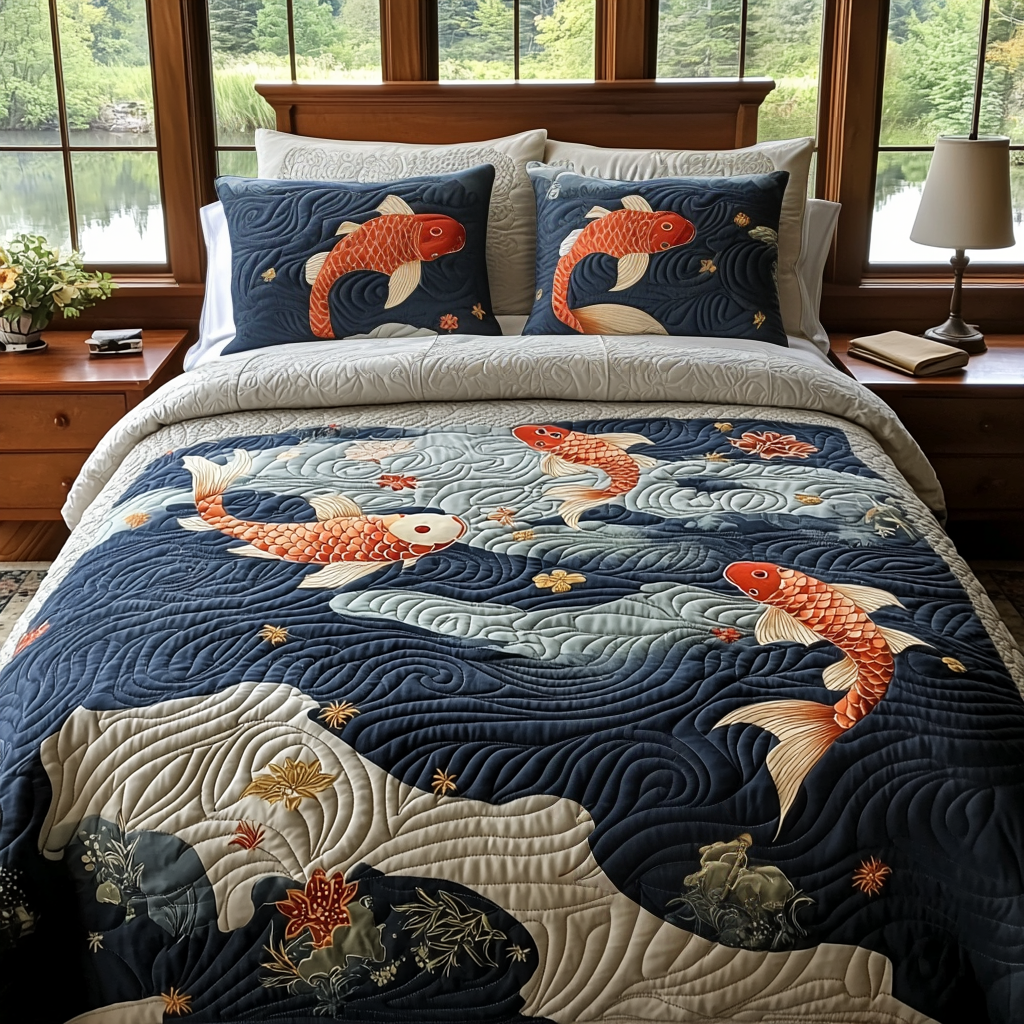 Japanese Koi Pond Quilted Bedding Set Cozy Bedroom Decor Koi Fish Presents