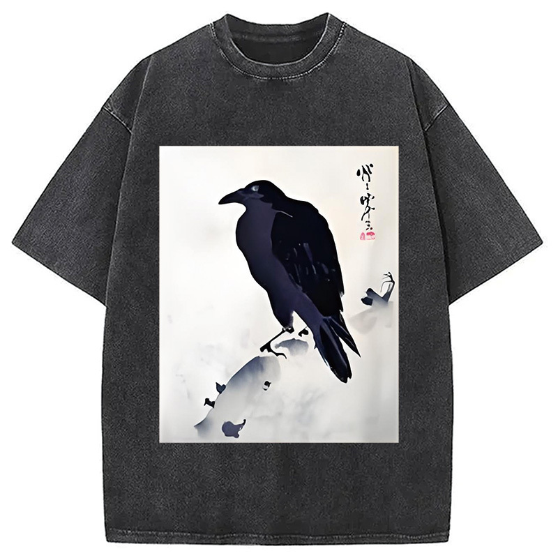 Japanese Kyosai Crow Washed T-Shirt Funny Aesthetic Trendy Apparel Gifts For Best Friend