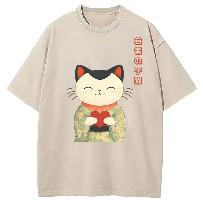 Japanese Maneki Geisha Kitty Washed T-Shirt Soft Comfortable Daily T Shirt Gifts For Best Friend