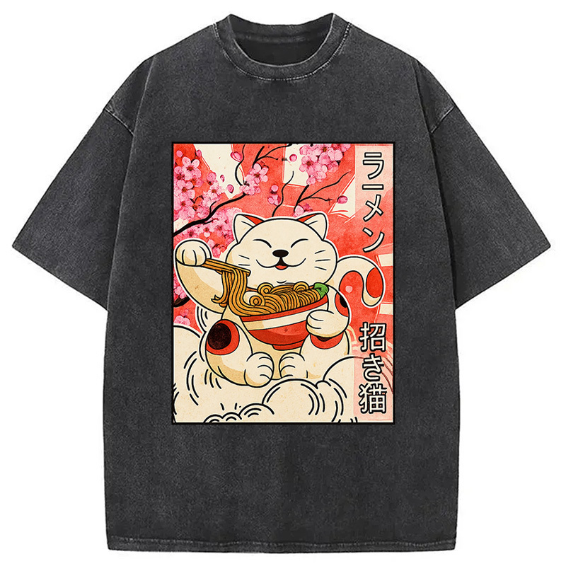 Japanese Maneki Neko Cat Ramen Washed T-Shirt Trendy Everyday Casual Outfit Gifts For Brother Japanese Maneki Neko Cat Ramen Washed T-Shirt Trendy Everyday Casual Outfit Gifts For Brother