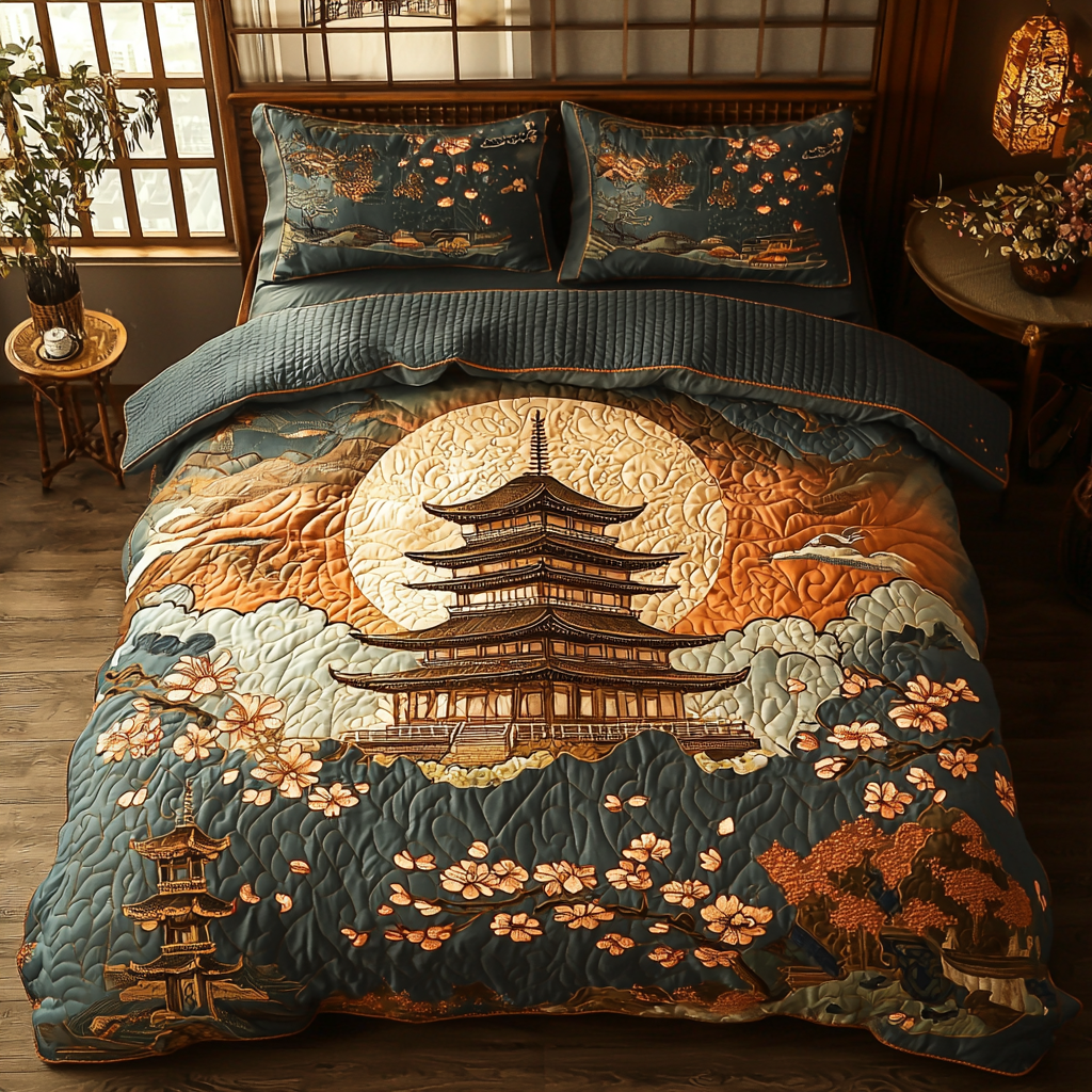 Japanese Moonlit Pagoda Quilted Bedding Set Best Comforter Sets Christmas Presents For Her