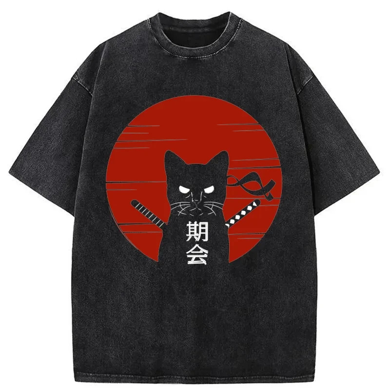 Japanese Ninja Cat Washed T-Shirt Unisex Streetwear Graphic Style Gifts For Him