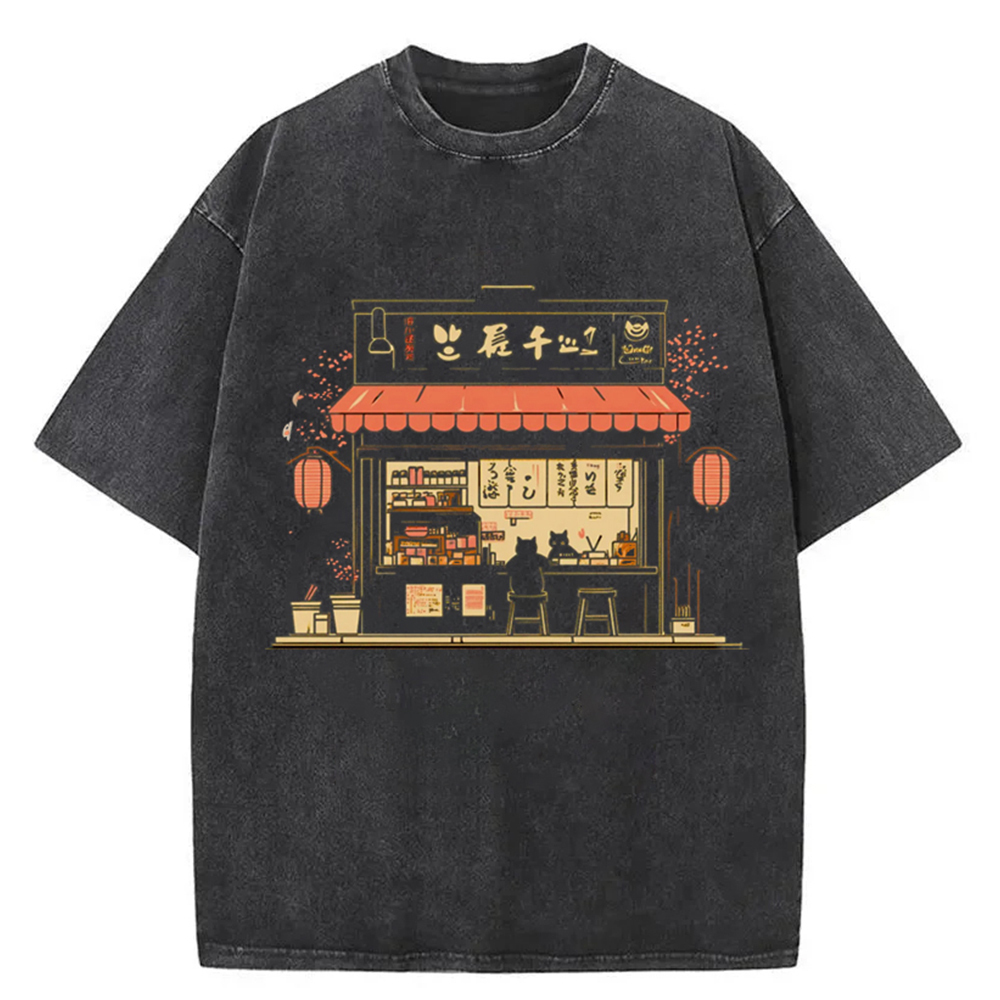 Japanese Noodle Shop Japanese Cat Cute Animal Washed T-Shirt Soft Comfortable Daily T Shirt Gifts For Her