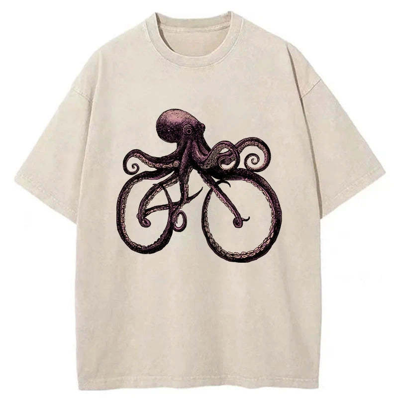 Japanese Octopus Bicycle Washed T-Shirt Funny Aesthetic Trendy Apparel Gifts For Best Friend