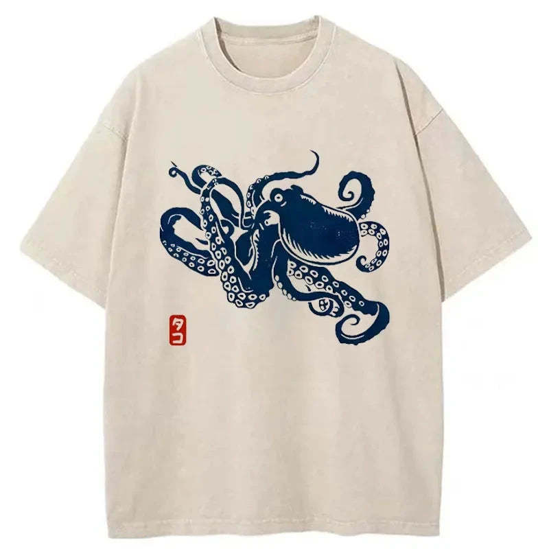 Japanese Octopus Washed T-Shirt Soft Comfortable Daily T Shirt Gifts For BFF