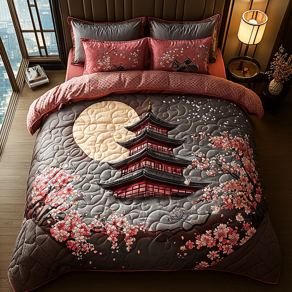 Japanese Pagoda Ancient Moon Quilted Bedding Set Bed Room Decoration Family Christmas Presents