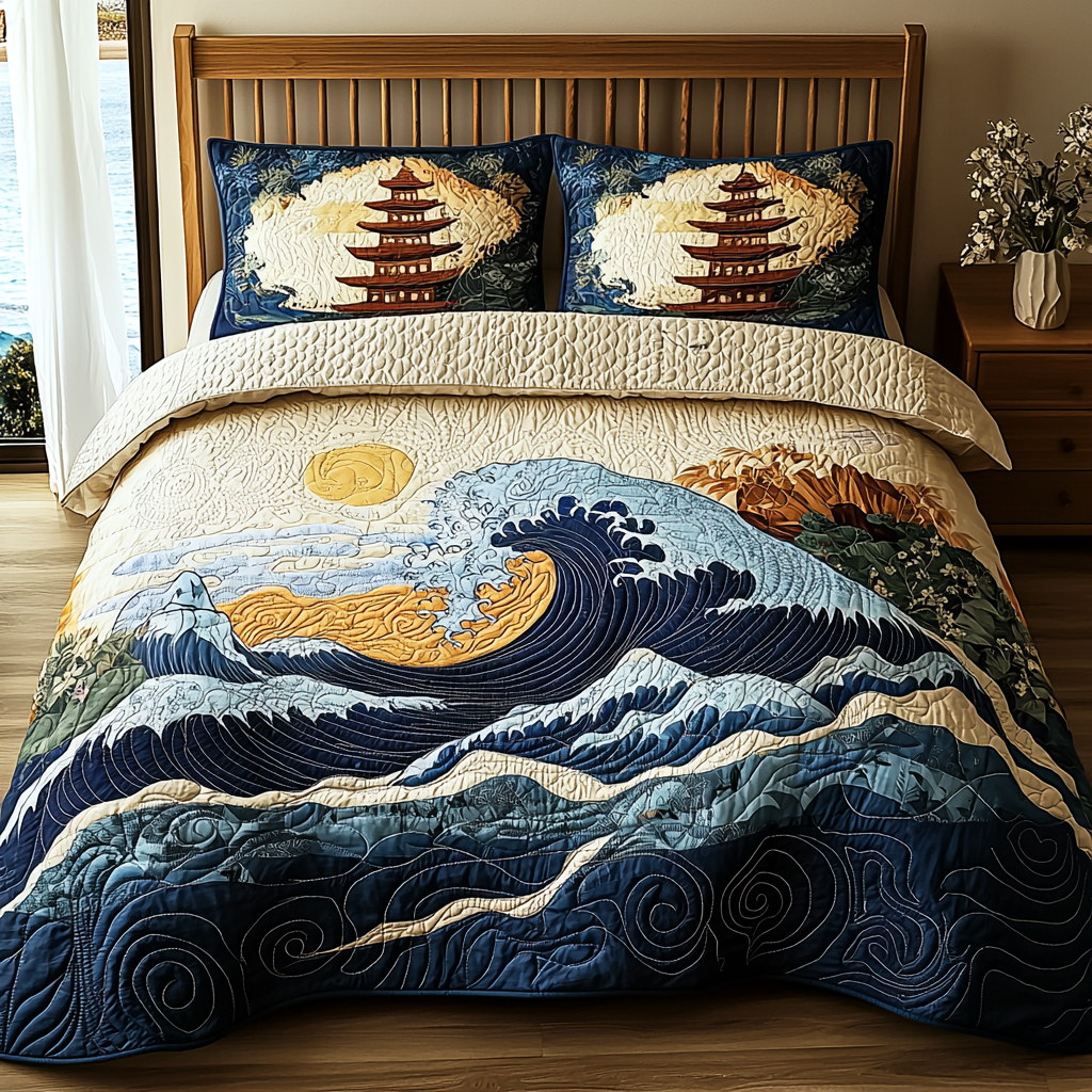 Japanese Pagoda Artistic Wave Quilted Bedding Set Bed Decorations Secret Santa Gift Ideas