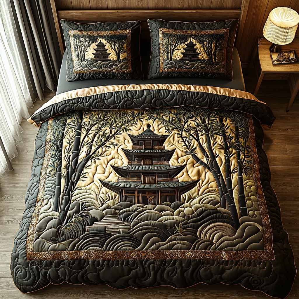 Japanese Pagoda Bamboo Path Quilted Bedding Set Unique Bed Sheet Set Christmas Presents For Girlfriend