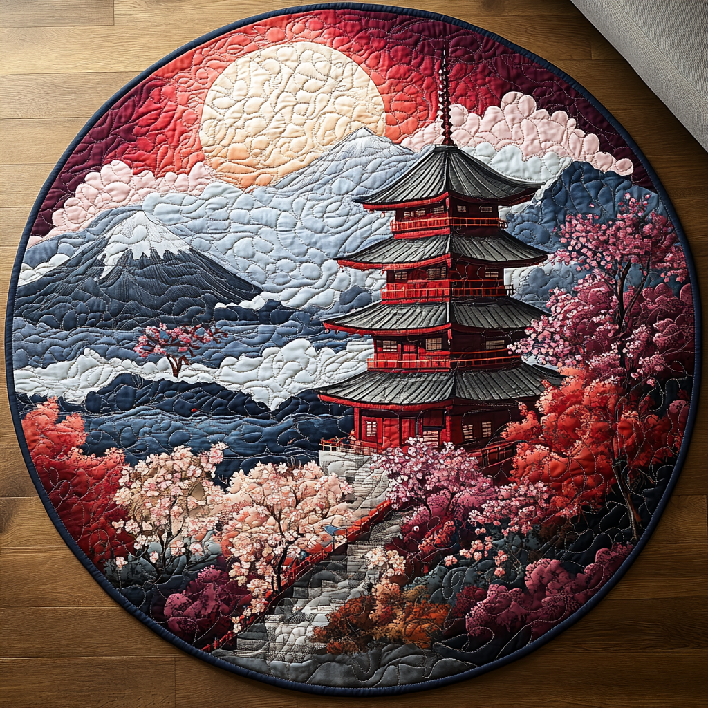 Japanese Pagoda Bloom Quilted Round Mat Christmas Decor For Entryway Blanket With Sunflowers