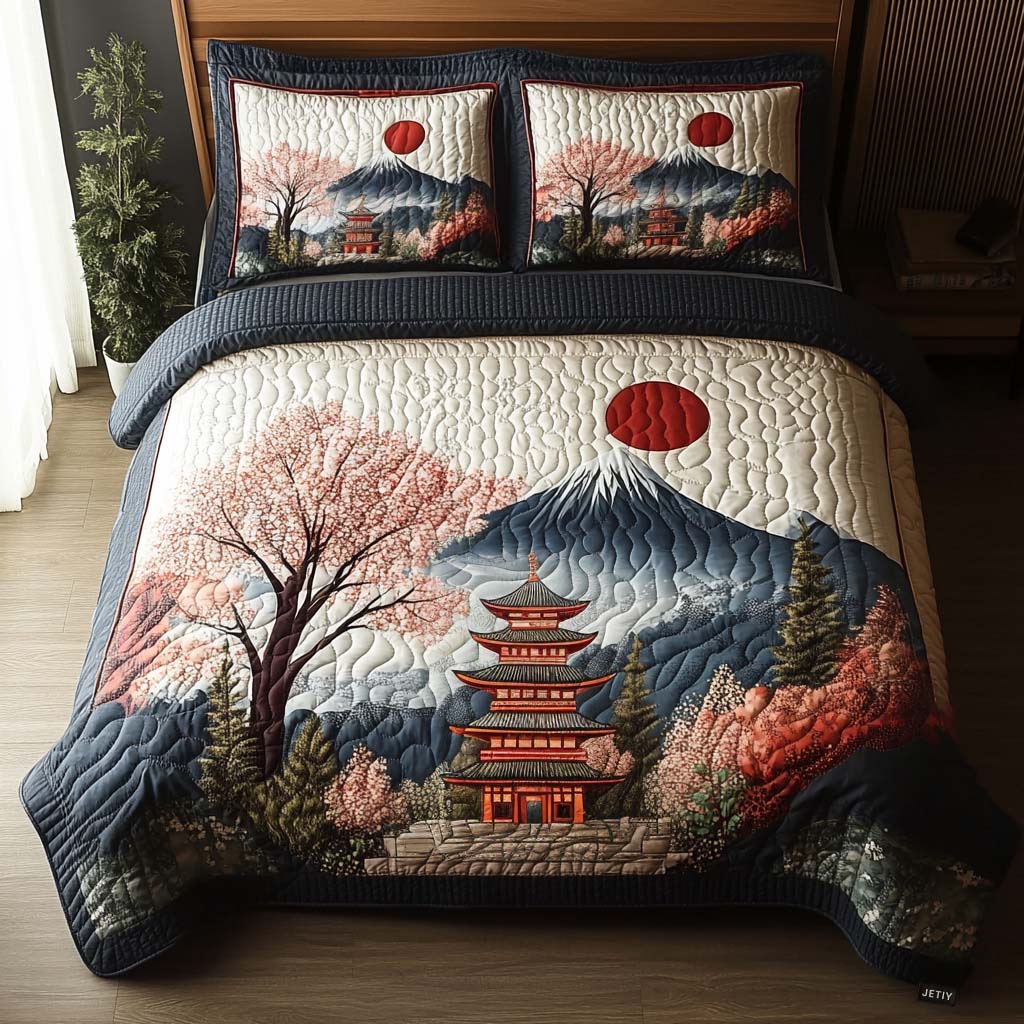 Japanese Pagoda Delight Quilted Bedding Set King Bedspread Asian Inspired Gift For Sister
