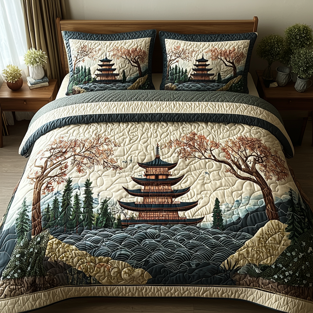 Japanese Pagoda Forest Quilted Bedding Set Bed Decorations Christmas Gifts For Friends