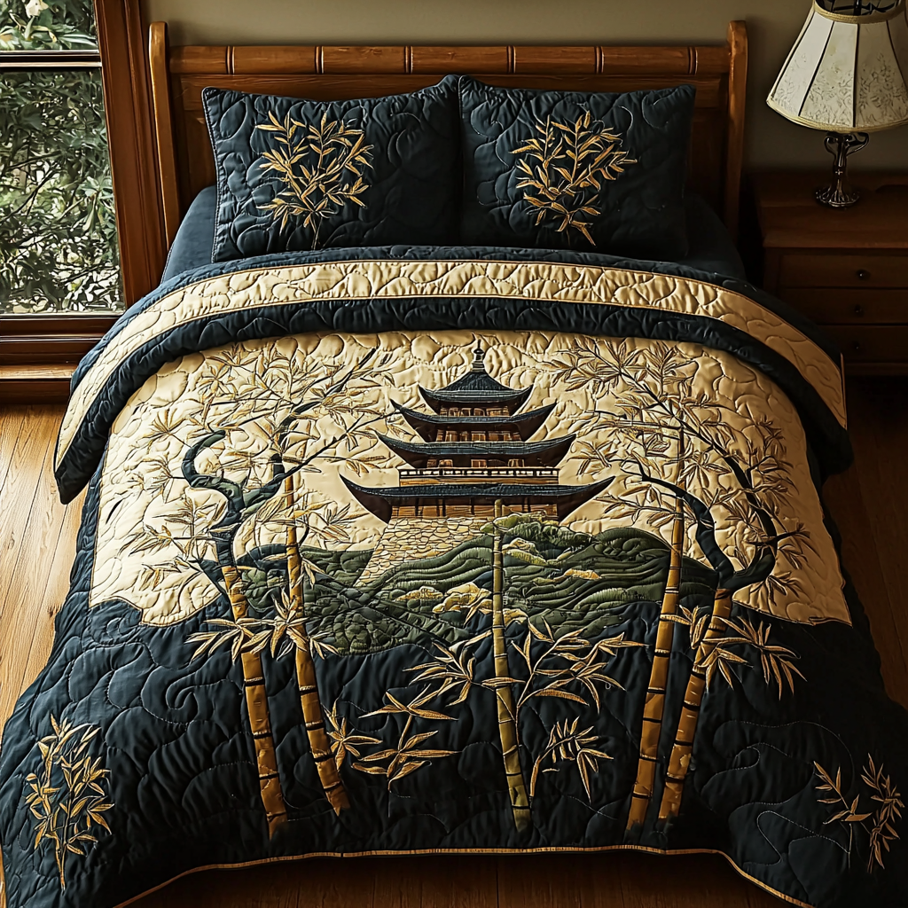 Japanese Pagoda Golden Path Quilted Bedding Set Bedroom Decorations Family Christmas Gifts