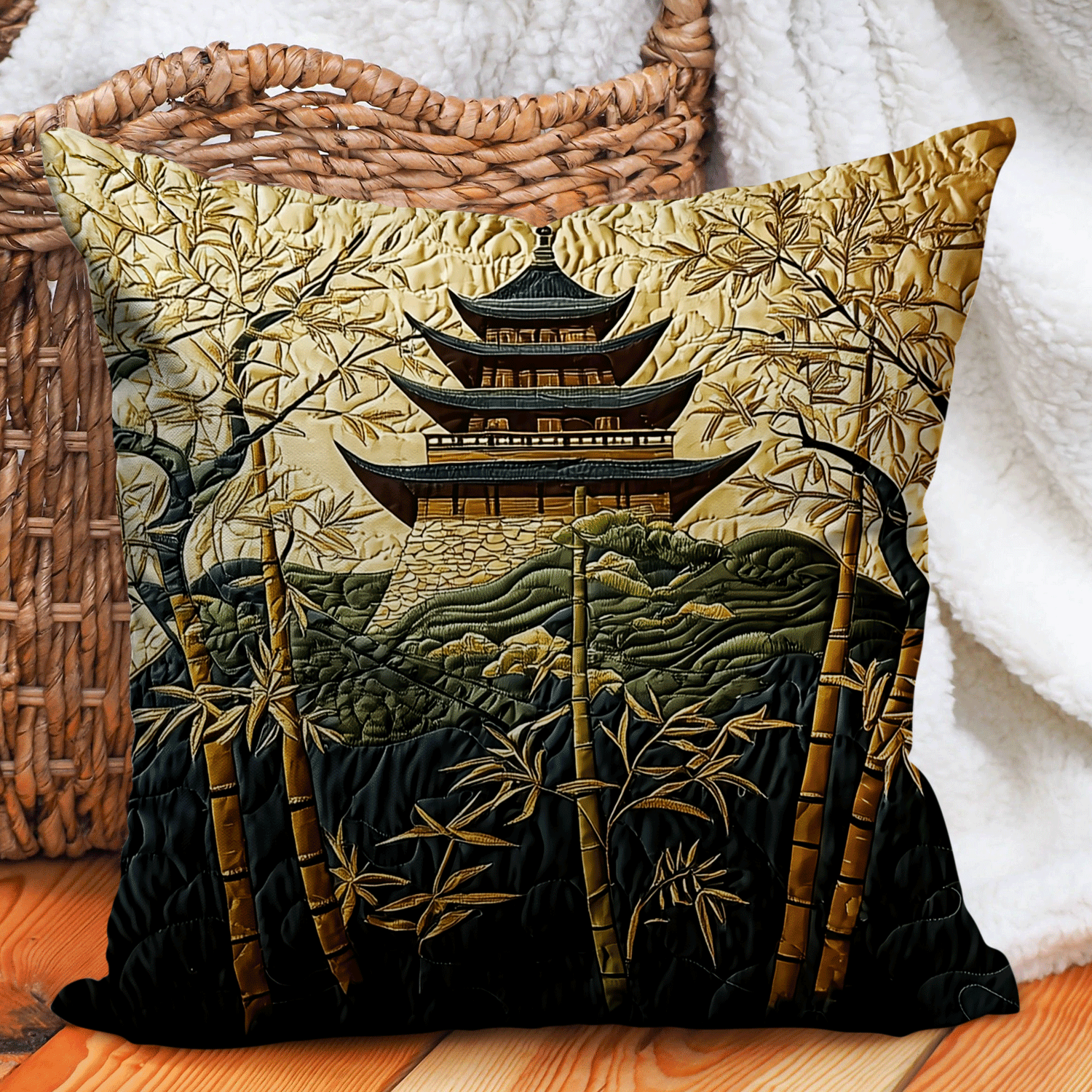 Japanese Pagoda Golden Path Quilted Pillow Case Decorative Pillow Covers Unique Gifts For Family