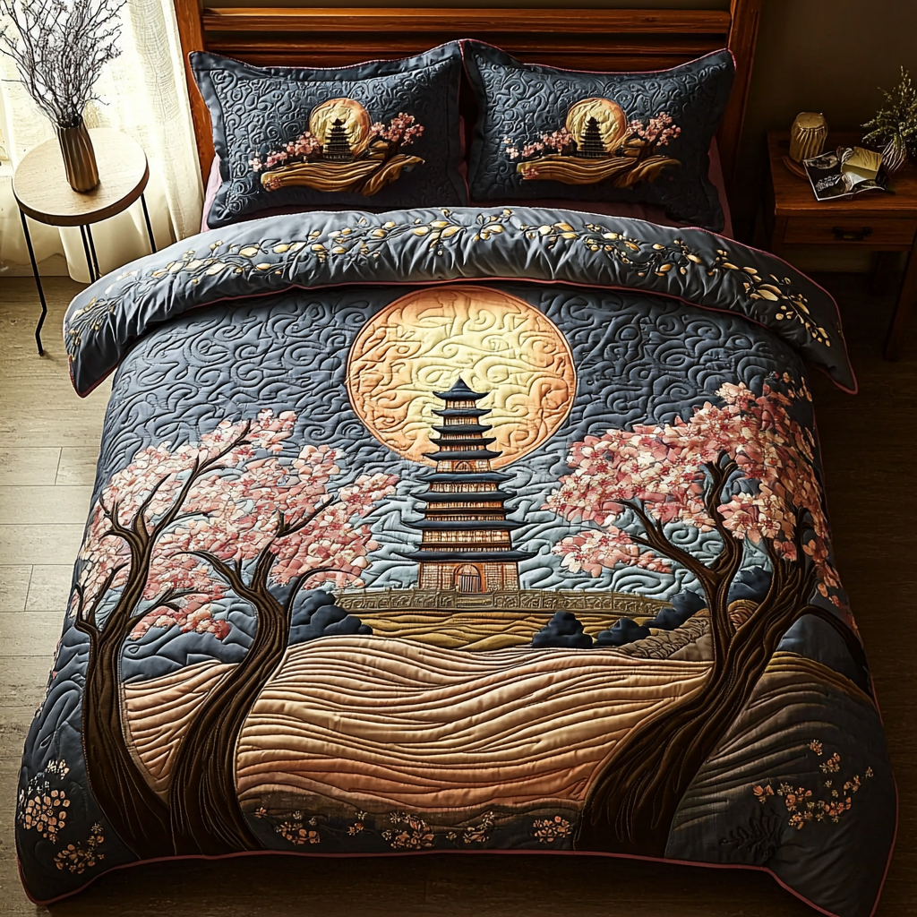 Japanese Pagoda Moonlight Quilted Bedding Set Aesthetic Room Decor Christmas Presents For Mom
