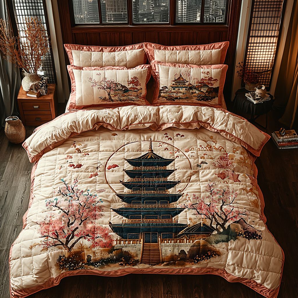 Japanese Pagoda Moonlit Cherry Blossom Quilted Bedding Set Cool Bedroom Decor Christmas Ideas For Wife