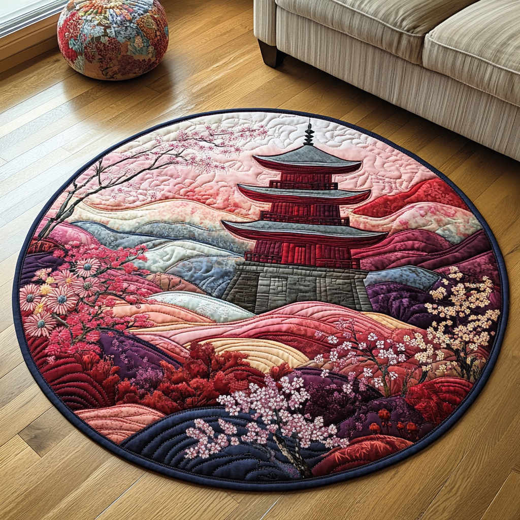 Japanese Pagoda Quilted Round Mat Outdoor Decor Sunflower Theme Gifts