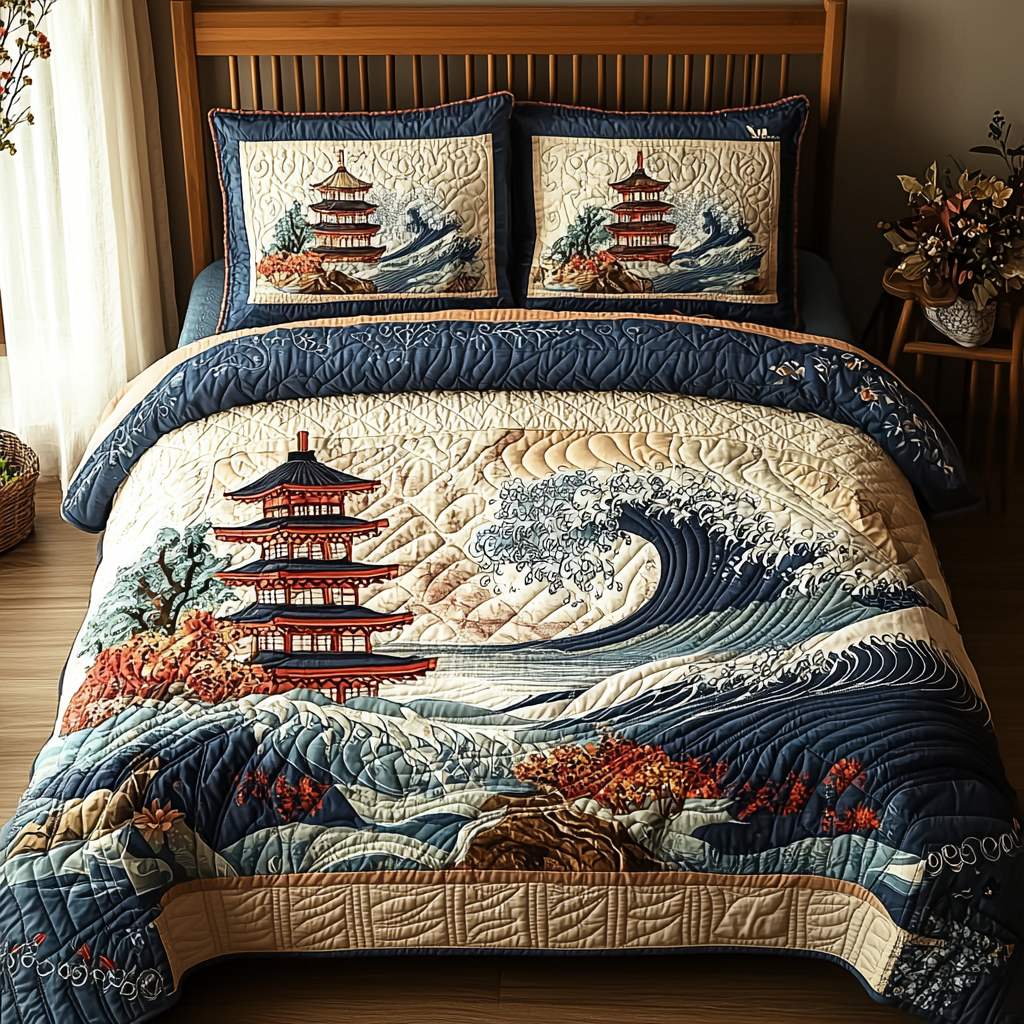Japanese Pagoda Wave Quilted Bedding Set Bedroom Decor Christmas Ideas Present For Men
