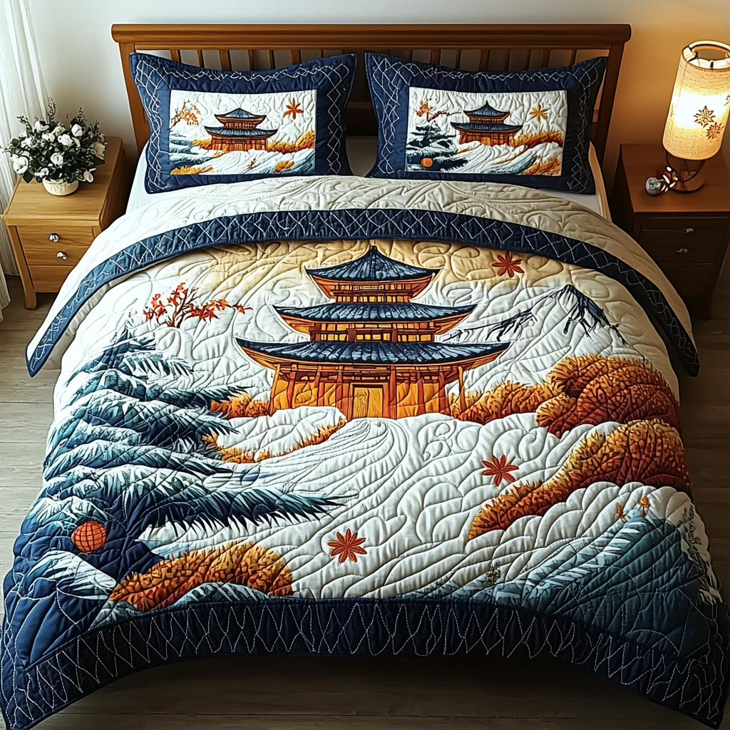 Japanese Pagoda Winter Charm Quilted Bedding Set Bed Decor Holiday Gifts For Employees
