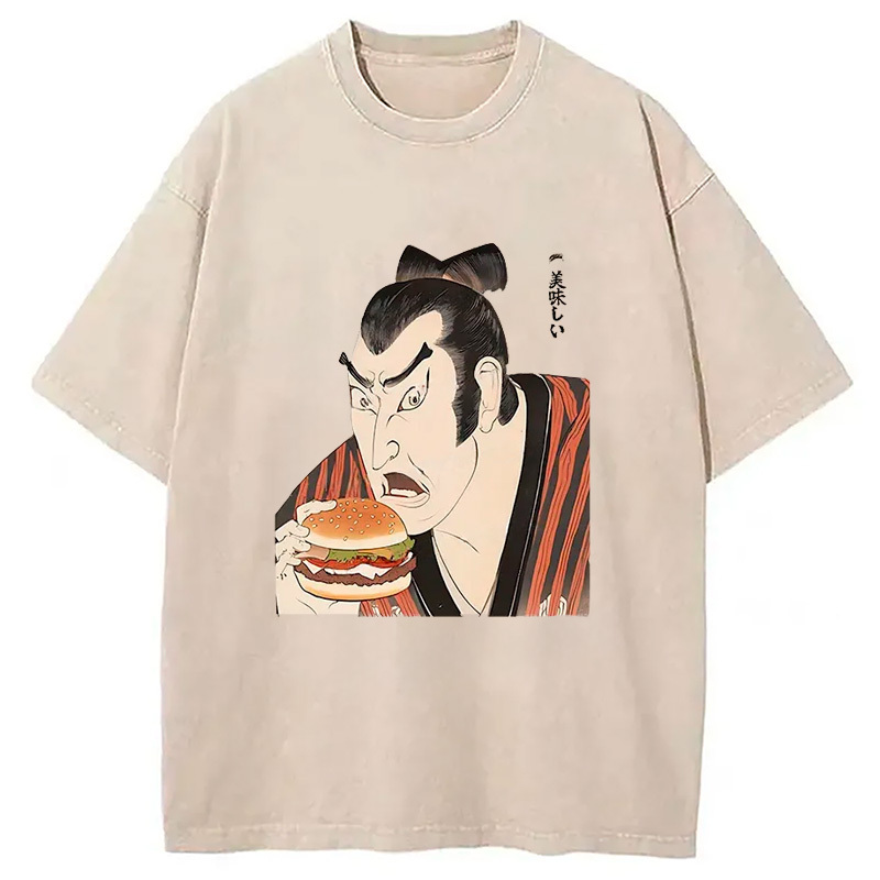 Japanese People Eating Hamburger Washed T-Shirt Trendy Aesthetic Graphic Apparel Gifts For Best Friend