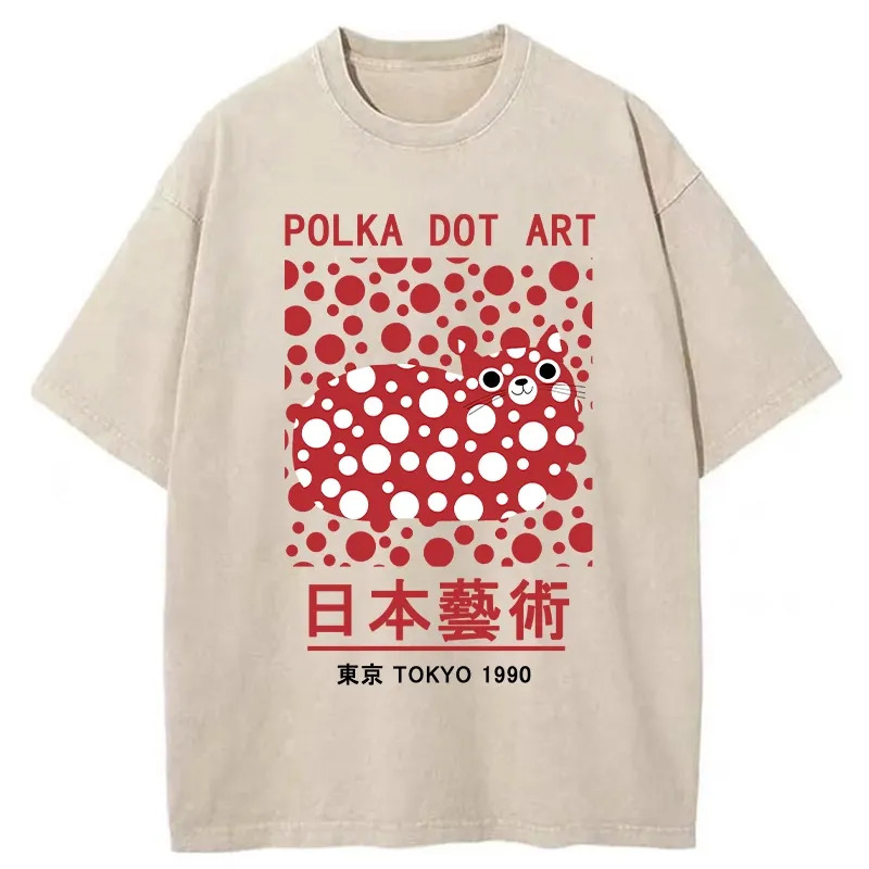 Japanese Polka Dot Art Washed T-Shirt Soft Comfortable Daily T Shirt Gifts For Best Friend
