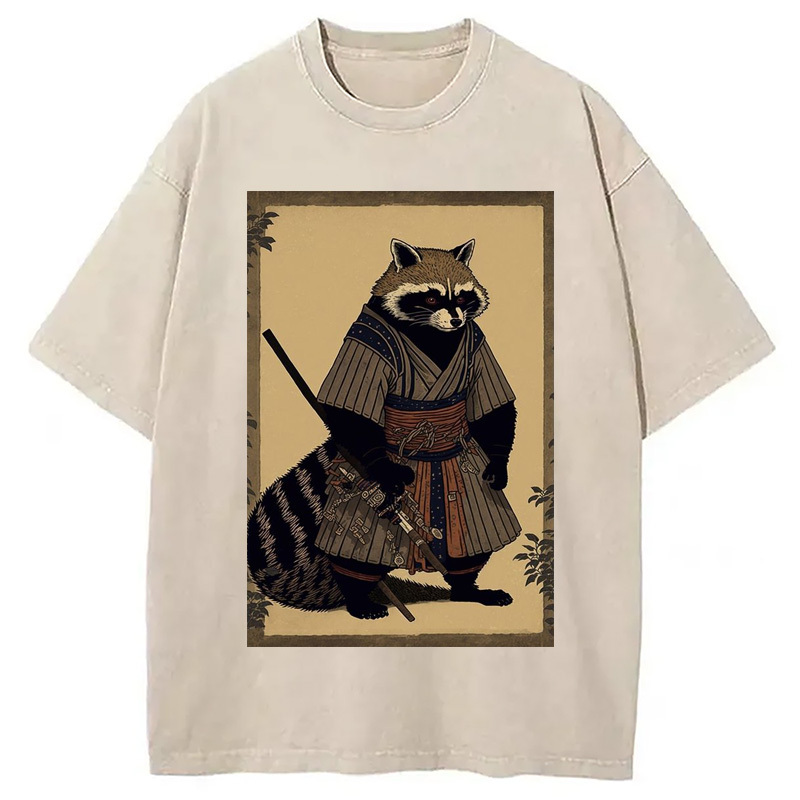 japanese Raccoon Samurai Washed T-Shirt Unique Aesthetic Fashion Tee Gifts For Best Friend