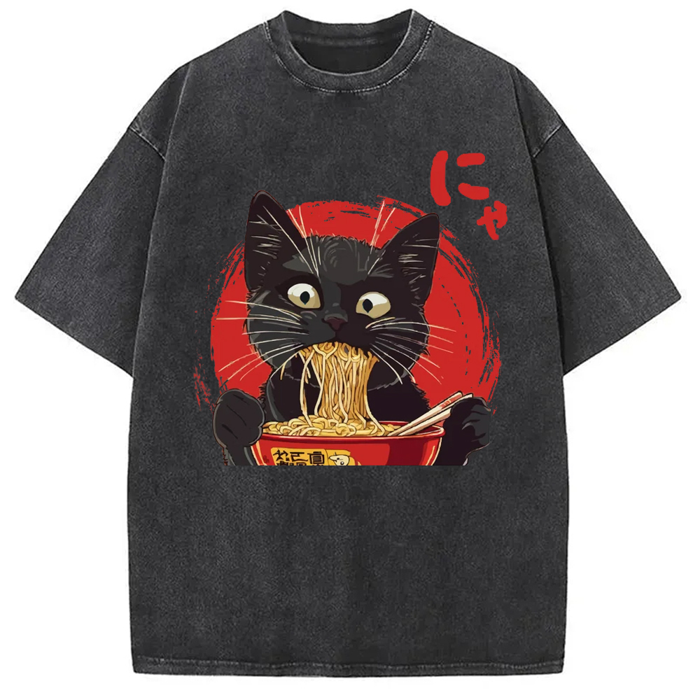 Japanese Ramen Black Cat Washed T-Shirt Classic Graphic Fashion Tee Gifts For Brother