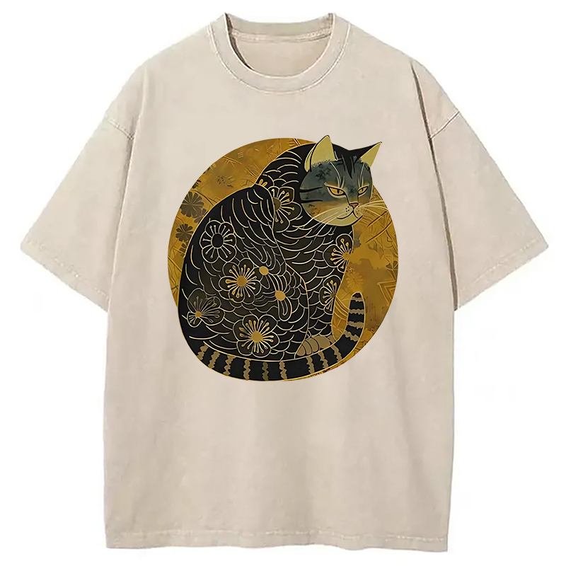 Japanese Retro Cat Washed T-Shirt Soft Comfortable Daily T Shirt Gifts For Brother