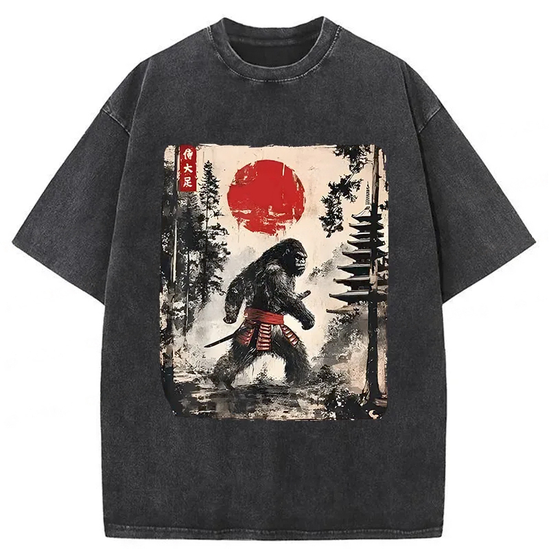 Japanese Samurai Bigfoot Washed T-Shirt Retro Streetwear Graphic Top Gifts For Best Friend