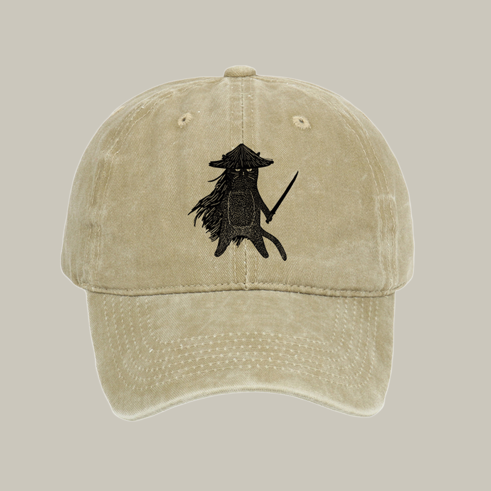 Japanese Samurai Cat Washed Cap Funny Baseball Caps Good Gifts For Cat Lovers