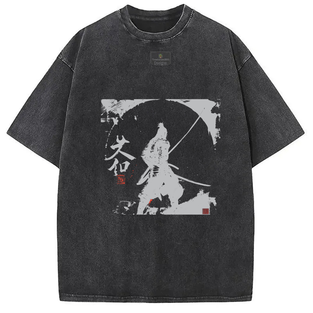 Japanese Samurai Washed T-Shirt Retro Streetwear Graphic Top Gifts For Best Friend