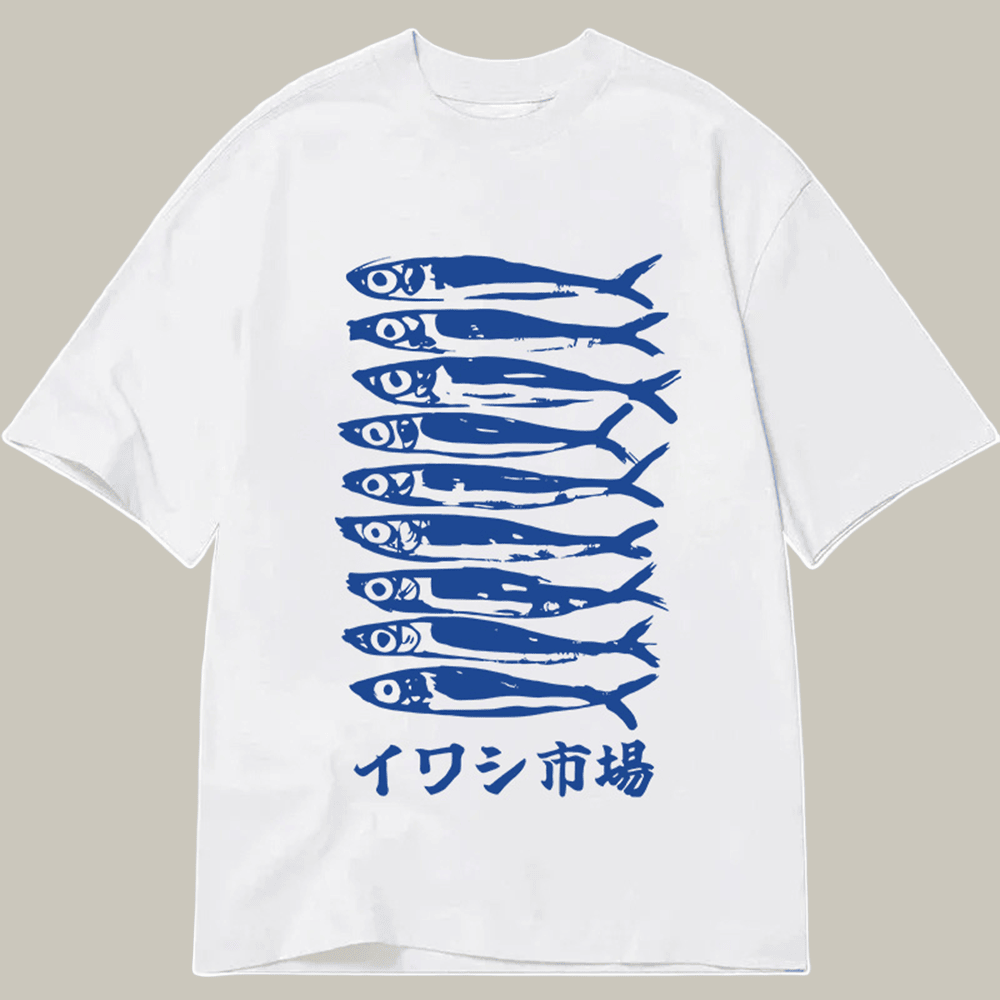 Japanese Sardine Market Classic T-Shirt Fish Pattern Kanji Shirt Gifts For Fisherman