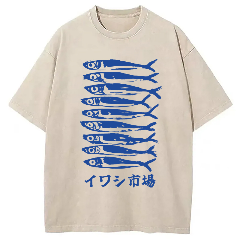 Japanese Sardine Market Washed T-Shirt Cool Urban Street Style Shirt Gifts For Him