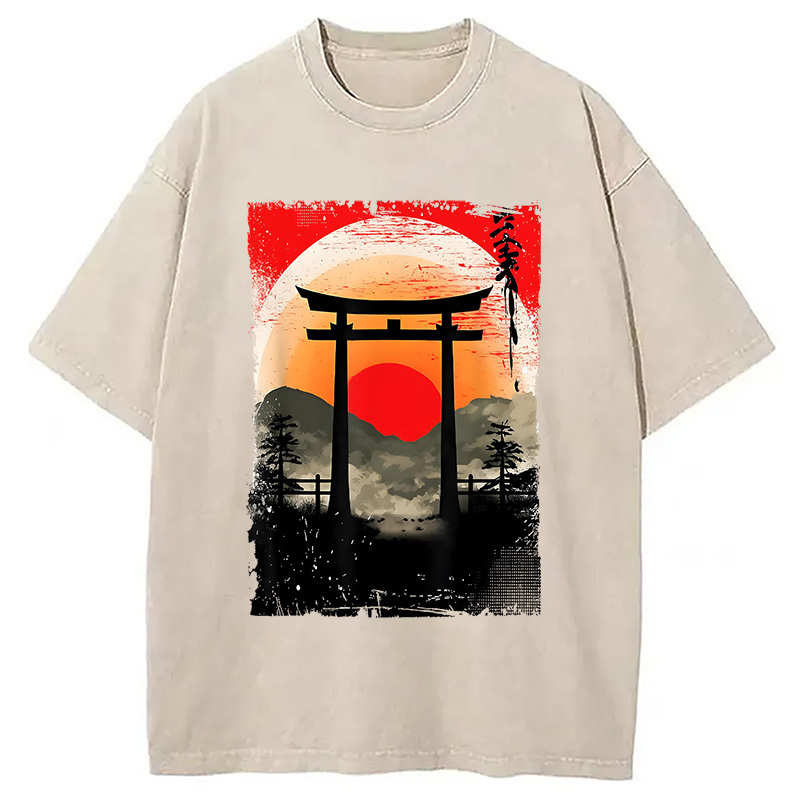 Japanese Sunset Landscape Art Washed T-Shirt Cool Graphic Tee For Men Women Gifts For Her Japanese Sunset Landscape Art Washed T-Shirt Cool Graphic Tee For Men Women Gifts For Her