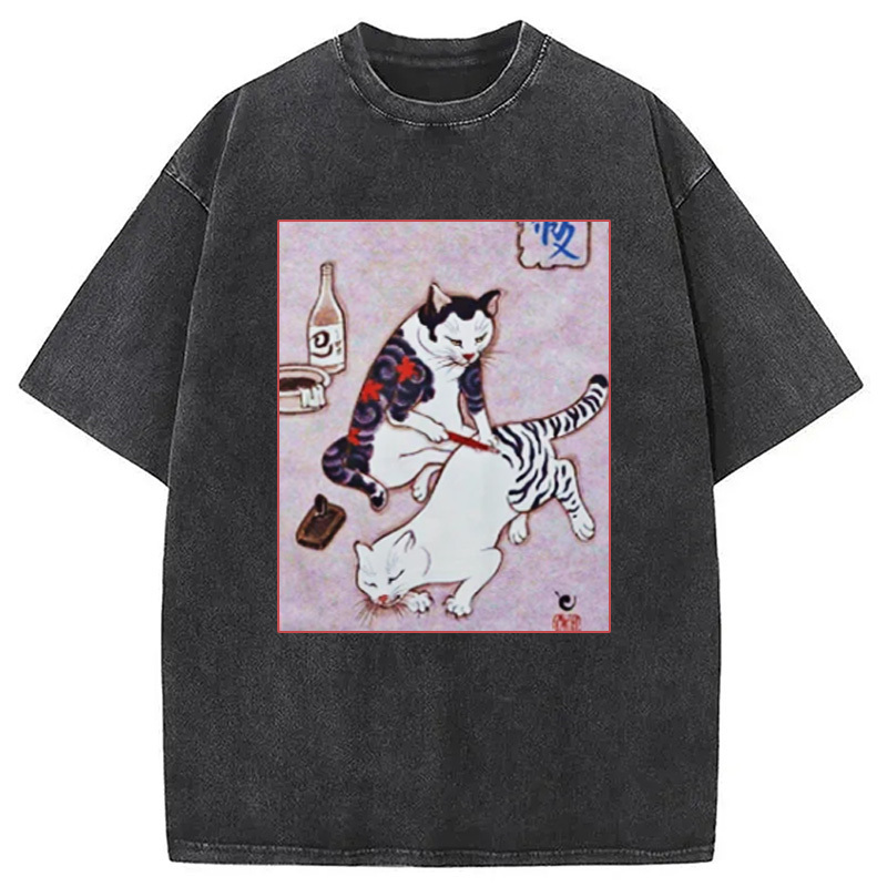 Japanese Tattoo Cat Washed T-Shirt Soft Cotton Daily Wear Tee Gifts For Sister