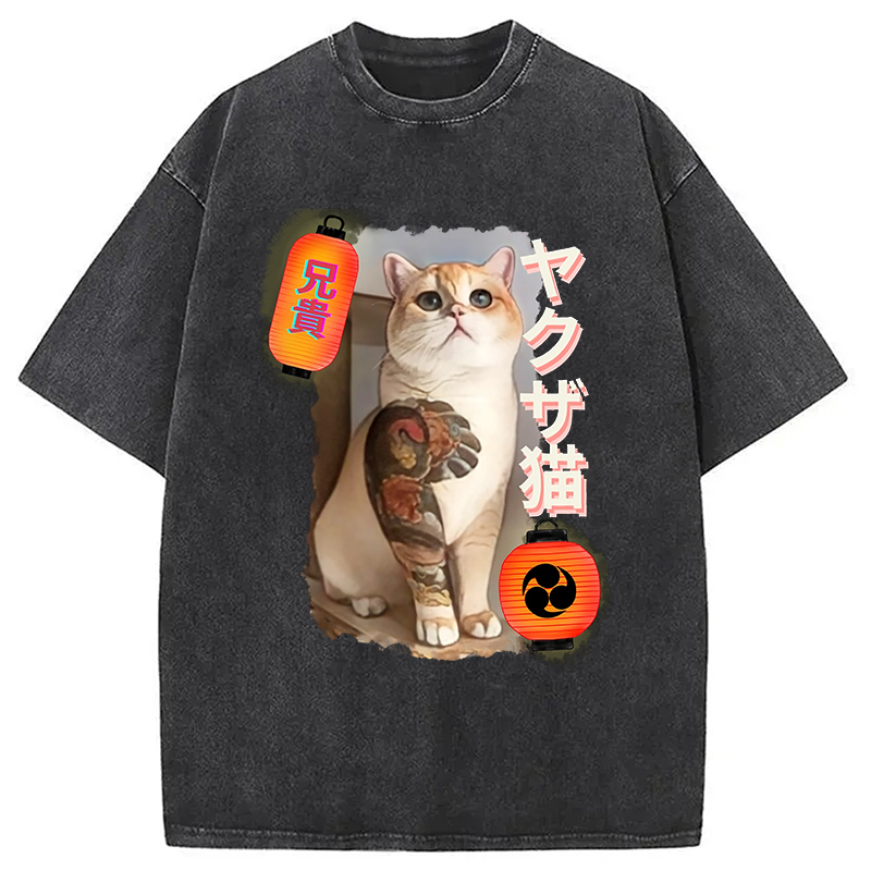 Japanese Tattooed Cat Washed T-Shirt Retro Humor Graphic Top Gifts For BFF