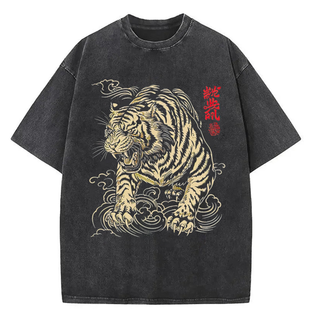 Japanese Tiger Washed T-Shirt Funny Graphic Gift For Friends Gifts For Her