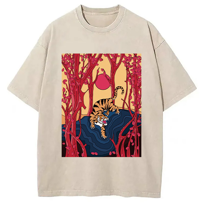 Japanese tiger Washed T-Shirt Retro Humor Graphic Top Gifts For Best Friend
