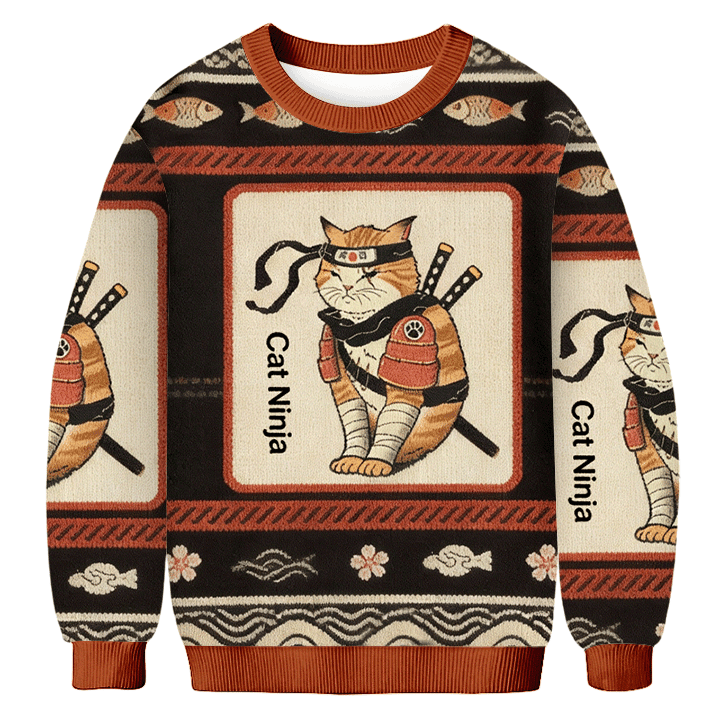 Japanese Tokyo Cat Ninja Ugly Sweater Winter Outfits Christmas Gifts For Ninja Lovers