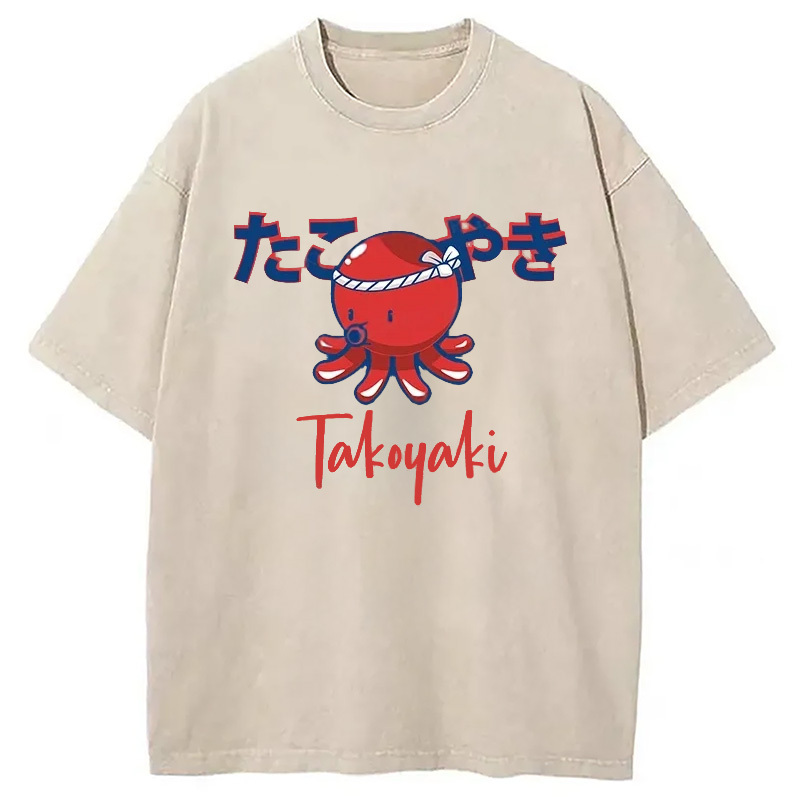 Japanese Traditional Takoyaki Washed T-Shirt Classic Graphic Fashion Tee Gifts For Besties