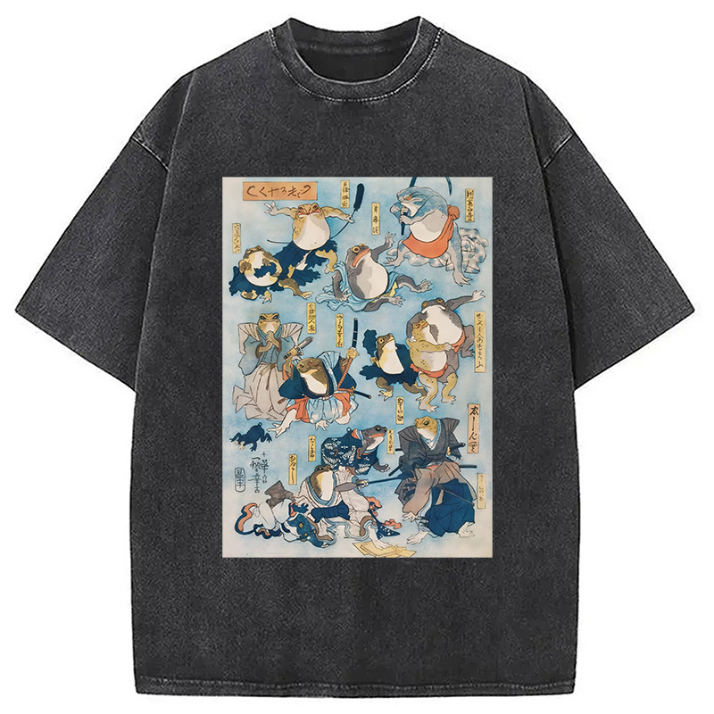 Japanese Ukiyo-e Samurai Ninja Frogs Washed T-Shirt Funny Aesthetic Trendy Apparel Gifts For Friends