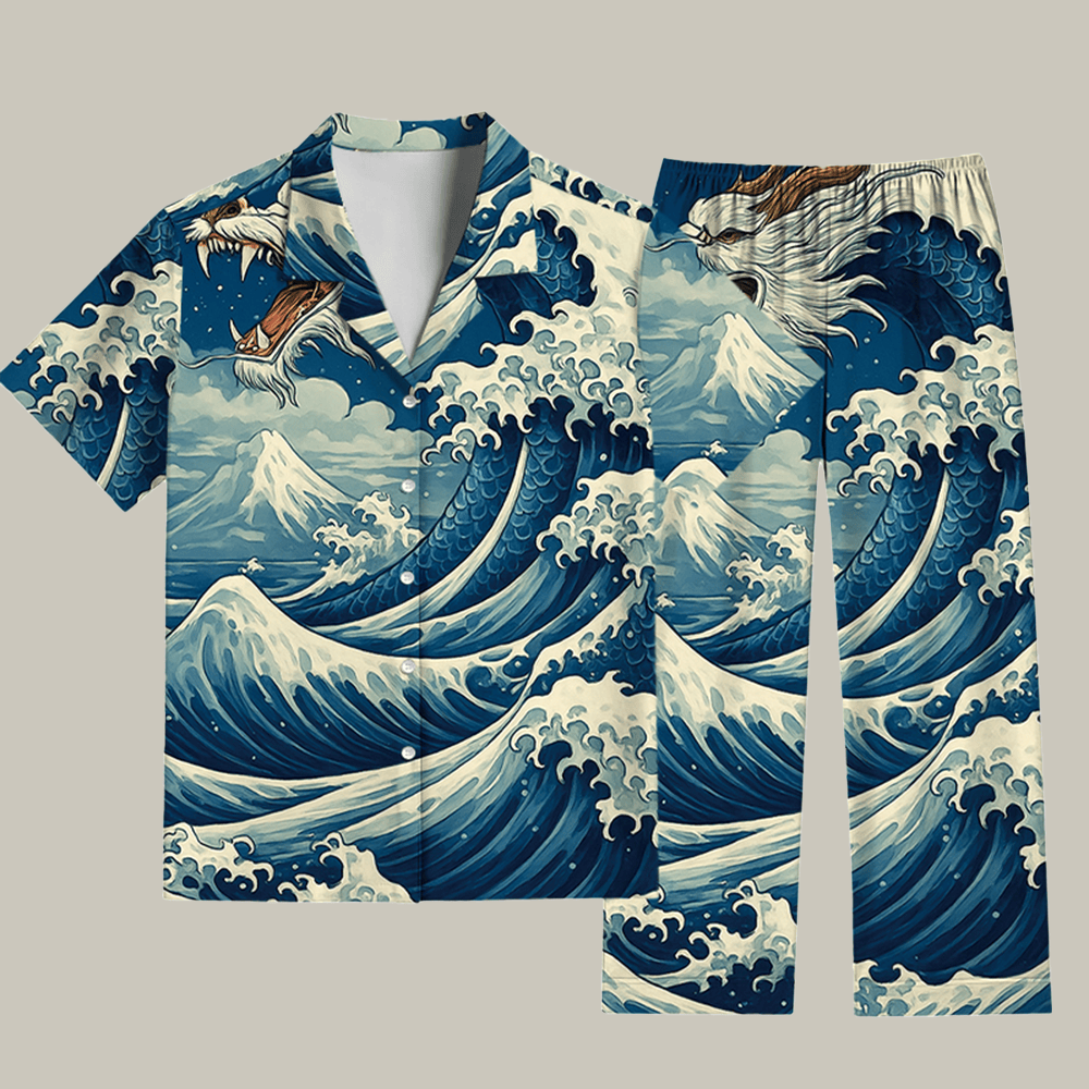 Japanese Ukiyo E Wave Dragon Pajama Set Merry Christmas Clothing Mum Christmas Gifts