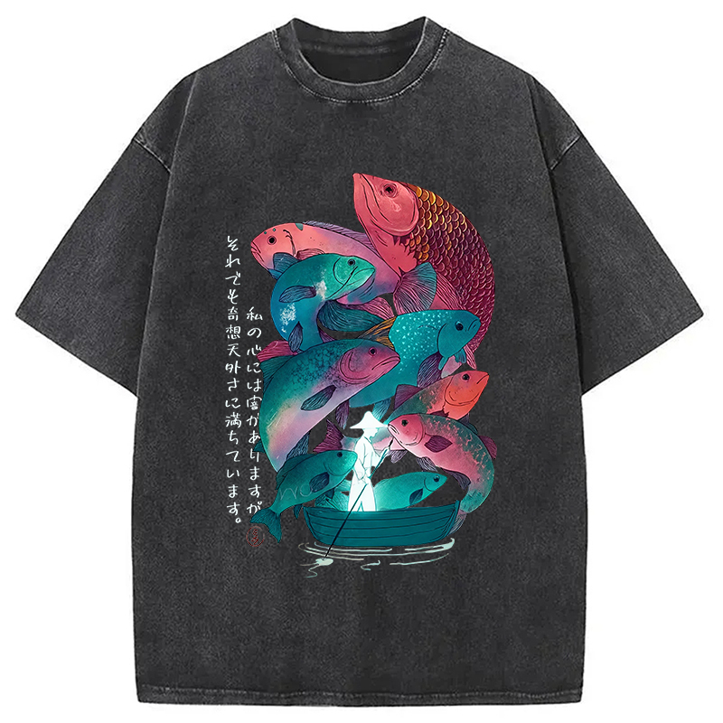 Japanese Ukiyoe Fish Vintage Poster Washed T-Shirt Soft Cotton Daily Wear Tee Gifts For BFF