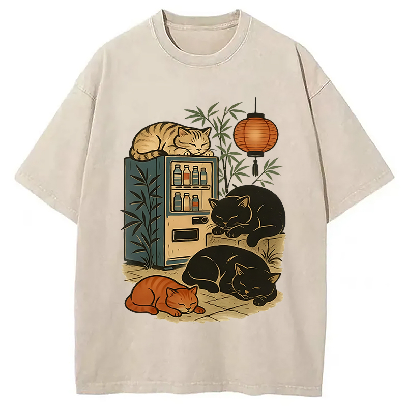 Japanese Vending Machine Cat Washed T-Shirt Unique Aesthetic Fashion Tee Gifts For Her